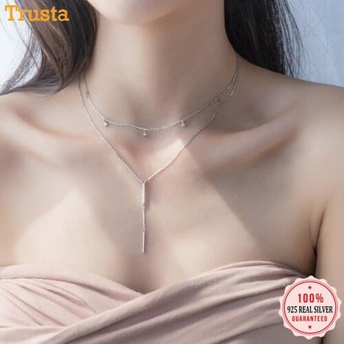 Trustdavis 100% 925 Sterling Silver Jewelry Stick Triangle CZ Stones Pendant Choker 925 Necklace For Women Girl S925 Gift DA146