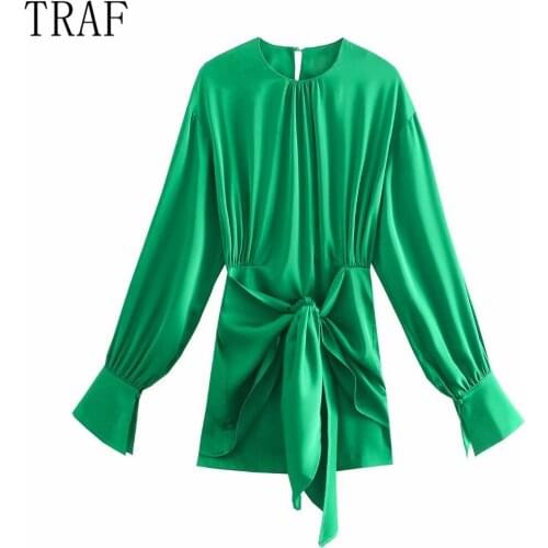 TRAF womens fashion Kardashian same European and American style slim fit solid color lace up round neck green slim fit thin dre