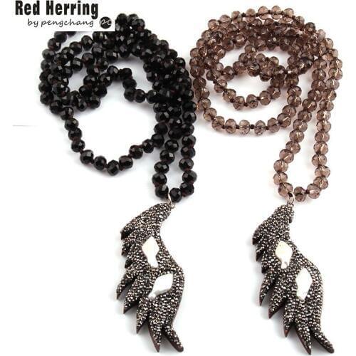 Free Shipping Fashion Bohemian Jewelry Black Long Crystal Glass Knotted Handmake Paved Wings Pendant Necklace For Women