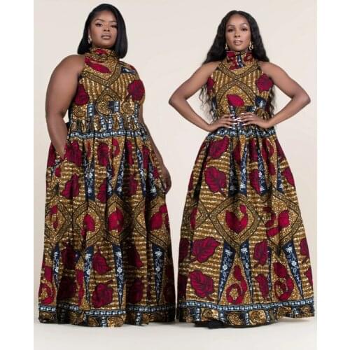 African National Style Womens Dress Print High Collar Sexy Spring And Summer Womens Dress Zippered Tie Loose Swing Dress