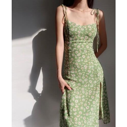 Vintage Floral Print Slim Sexy Side Split Dress Sleevelss Lace Up Spaghetti Strap Midi Dress Women Green Long Holiday Dress 2021