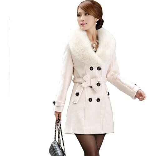 Womens Winter Fashion Warm Large Fur Collar Trench Coat Jacket Autumn Winter Korean Double-breasted Mid-length Coat