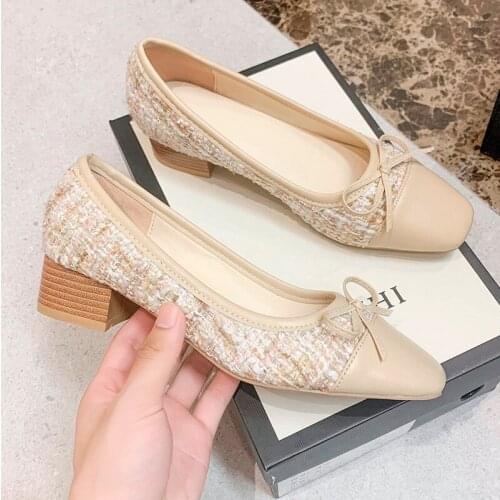 Ballet Flats Classic Shoes Women Basic 2021 Leather Tweed Cloth Two Color Splice Bow Round Ballet Shoe Fashion Flats Women Shoes