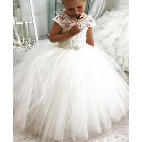 JIERUIZE White Lace Appliques Ball Gown Long Flower Girl Dresses Cap Sleeves Pearls Sash Pageant First Communion Girl Dresses
