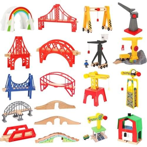 Wooden Railway Toys Wooden Train Track Accessories Bridge Train Crane Fit for Thomas Wood Track Educational Toys for Children
