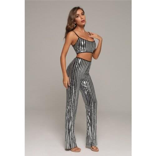 Women Set Sleeveless Sequined Coat With Pants Two Pieces Set Slim Cozy Female Party Set