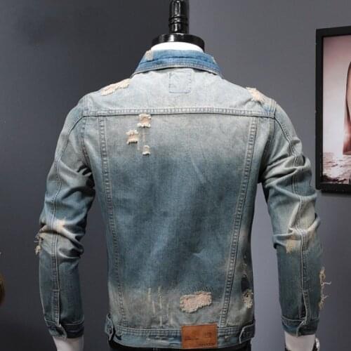 Fashion Mens Denim Coat Personality Washed Ripped Hole Slim Biker Jacket Spring Autumn Casual Long Sleeve Cowboy Short Coat Male