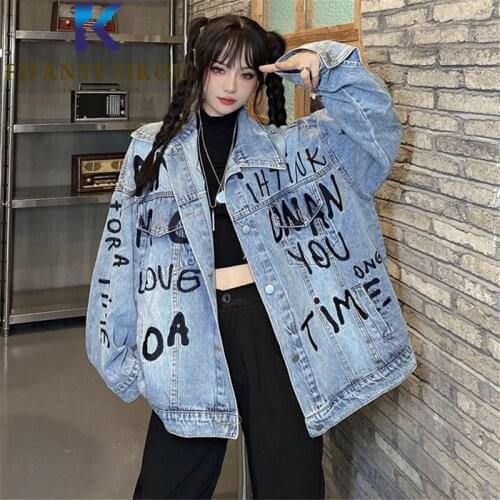 Jeans Jacket Women Lapel Fashion Letter Embroidery Denim Jacket Streetwear Loose Casual Jeans Coat Harajuku Jackets Female
