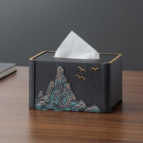 Exquisite landscape style black art tissue box Classical mountain and bird living room minimalist art deco tissue boxs