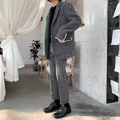 Korean Casual Mens Plaid Two Piece Suits Long Sleeve Single Breasted Lapel Mixed Colors Loose Blazer Straight Ankle Length Pants