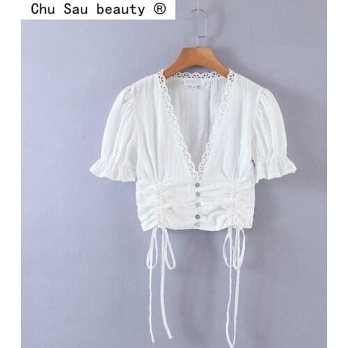 Lace Drawstring Short Blouses Summer Womens 2021 New Fashion Vintage Lace Puff Sleeve Sexy Slim Deep V-neck Crop Top