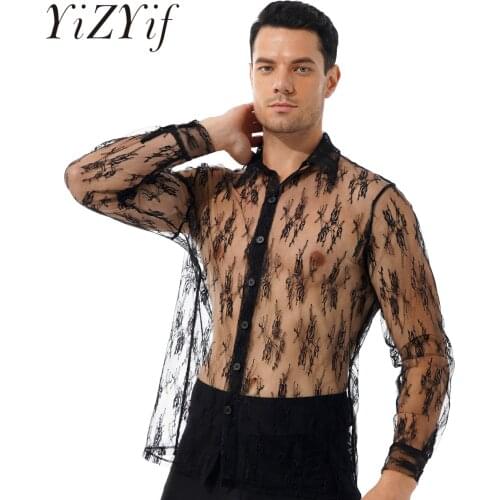 Mens Fashion See-through Floral Lace Shirt Turn-down Collar Long Sleeve Button Tops for Party Nightclub Stage Performance