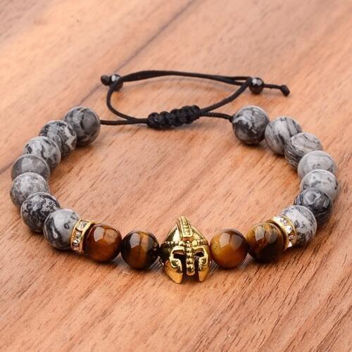 DOUVEI 2018 Roman Knight Warrior Gladiator Helmet Bracelet Men Tiger Eye Stone&Gray Stone Bead Bracelets Male Jewelry ABK022