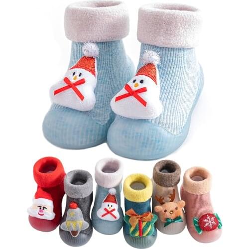 Soft Non-slip Baby Winter Socks Anti-skid Toddler Shoes with Rubber Soles Christmas Design Thickened Infant Floor Socks Autumn