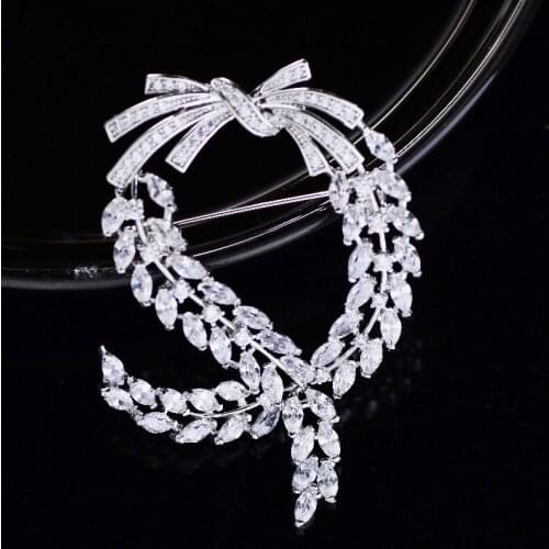 OKILY Trendy AAA Zirconia Olive Banch Broochpins for Women Clothes Corsage Pins Sliver Color Bowknot Brooches Fashion Jewelry