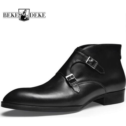 Autumn Winter Luxury Mens Genuine Leather Chelsea Boots Fashion Buckle Pointed Toe Business Casual Dress Shoes Men Ankle Boots