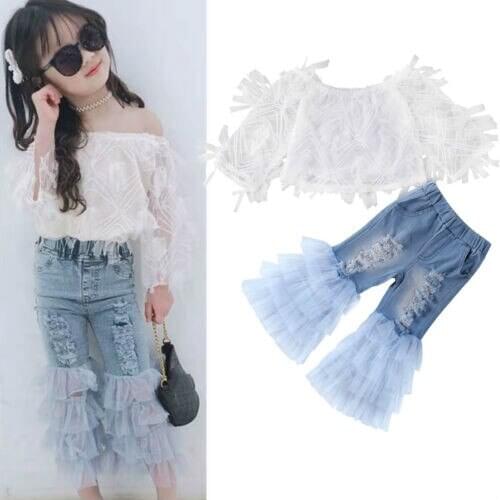 1-6Y Fashion Toddler Baby Kid Girl Clothes Sets Floral Lace Off Shoulder Tops Ruffle Hole Pants Outfit