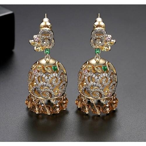 Luxury Jhumka Crystal Zircon Bell Drop Dangle Earrings Indian Jewelry Vintage Jhumki Ethnic Gypsy Beads Tassel Earring Bollywood