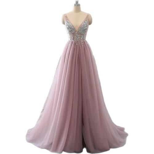 Illusion V Neck Beading Sexy Evening Dress Low Back Evening Dress With Slit Evening Gown Long Prom Dress Robe De Soiree
