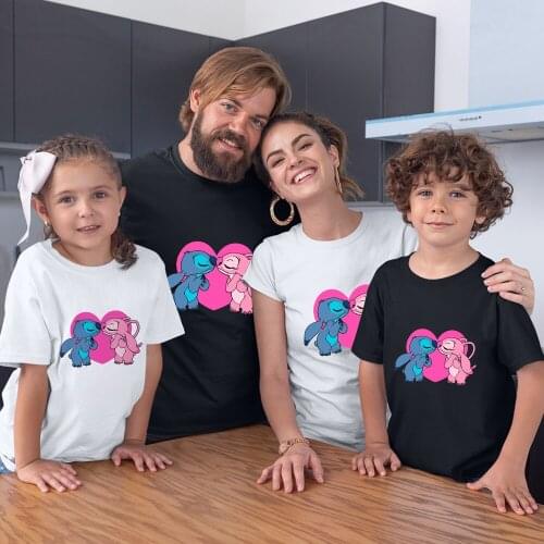 Family Clothes Black White Tees Kawaii Dropship Baby Girl Boy Harajuku Fashion Disney Lilo & Stitch Pattern Cute Outdoor T Shirt