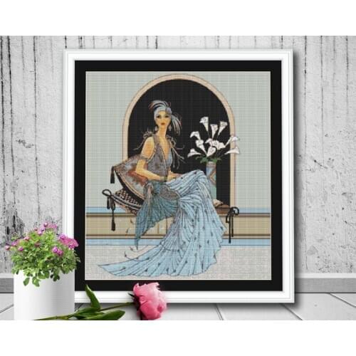 Modern Embroidery Roaring 20s Deco lady Counted Cross stitch Pattern with 100% Cotton Flosses & Free Shipping for Home Decor