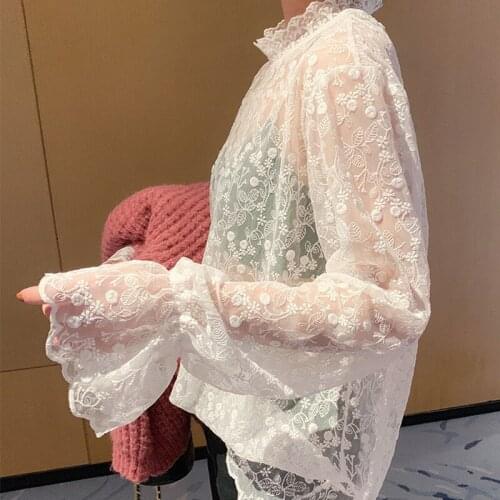 Embroidered Lace Bottoming Shirt Womens Long-sleeved Net Yarn with Fashionable New Style Small Shirt Lace Top