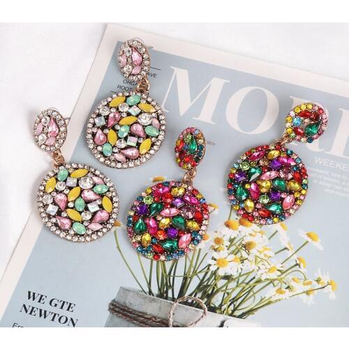 JURAN Elegant Multi-color Rhinestone Round Drop Earrings Crystal Pendant Dangle Earrings For Women Party Jewelry