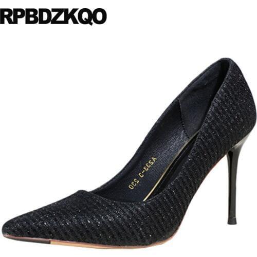 Women glitter medium heels sparkling high gold pumps shoes black 2019 golden party thin sandals evening size 4 34 pointed toe