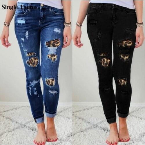 2021 Spring Female Jeans Fashion Streetwear Leopard Print Hole Patch Elasticity Skinny High Waist Denim Pants for Women