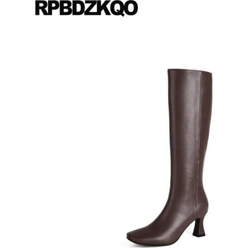 Long Knee High Beige Shoes Genuine Leather Heel Chunky Square Toe Women Autumn Side Zip Boots Chinese Brown Tall Handmade Slim