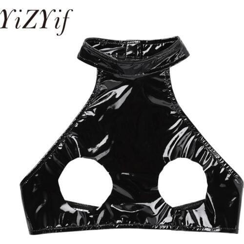 YiZYiF Women WetLook Shiny Crop Top Sexy Pvc Bra Faux Leather Open Bust Bra Vest Club Party Neck Backless Sexy Tank Top lingerie