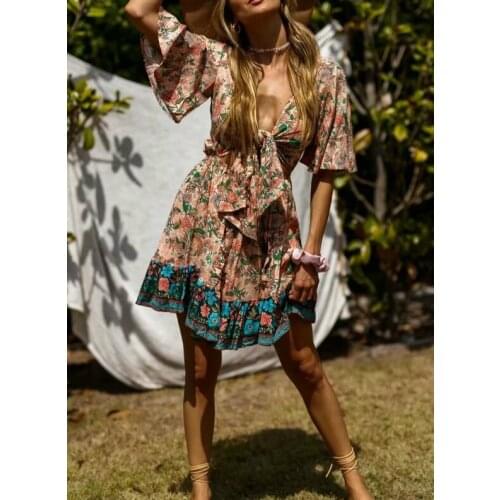 Happie Queens women floral print deep V-neck sashes Bohemian mini dress ladies batwing sleeve tassel Boho dresses vestidos