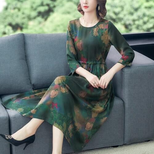 Imitate Real Silk Dress Spring Summer Floral Print Women Dress Loose Fashion High Quality Casual Elegant Dress Female vestidos
