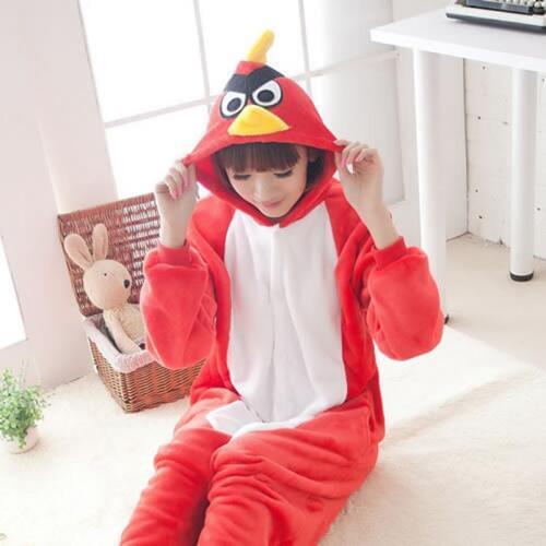 2019 Winter Women Kigurumi Onesie Red Bird Pajamas Sets Cute Flannel Animal Pajama Nightie Warm Hooded Sleepwear Costume