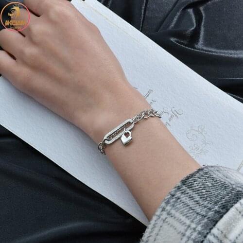 Akizoom Fashion High Quality Stainless Steel Bracelets Silver Color Heart Thick Chain Bangles For Women Jewelry Birthday Gift