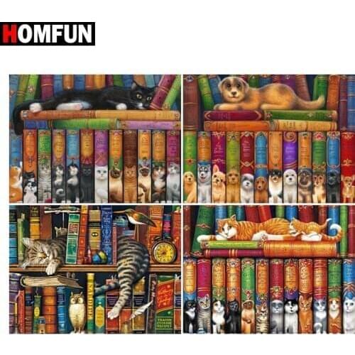 HOMFUN Diamond painting "Bookshelf dog cat" Full Square/Round Drill Wall Decor Inlaid Resin Embroidery Craft Cross stitch