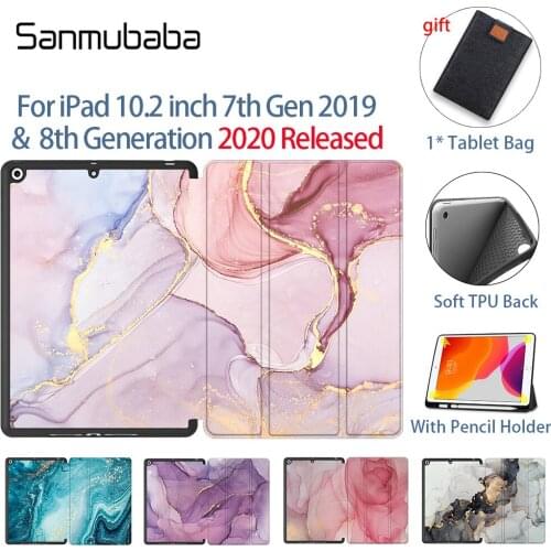 Sanmubaba Marble Tablet Case For iPad 10.2 inch 7th 8th Gen Soft TPU+PU Leather Flip Smart Protective funda With Pencil Holder