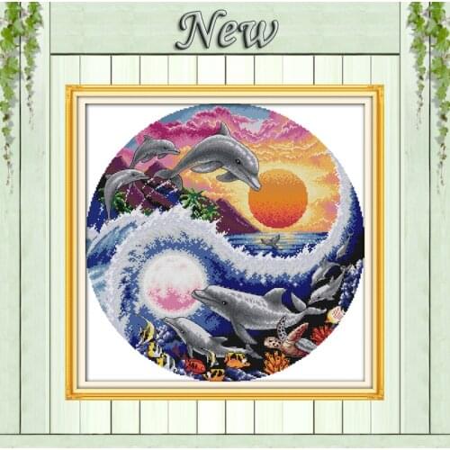 Sun moon and dolphins scenery Decor paintings counted print on canvas DMC 11CT 14CT kits Cross Stitch embroidery needlework Sets
