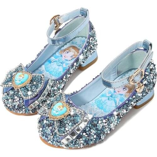 Disney Princess Kids Leather Shoes for Girls Flower Casual Glitter Child High Heel Girls Sandals Butterfly Knot Blue Pink Silver