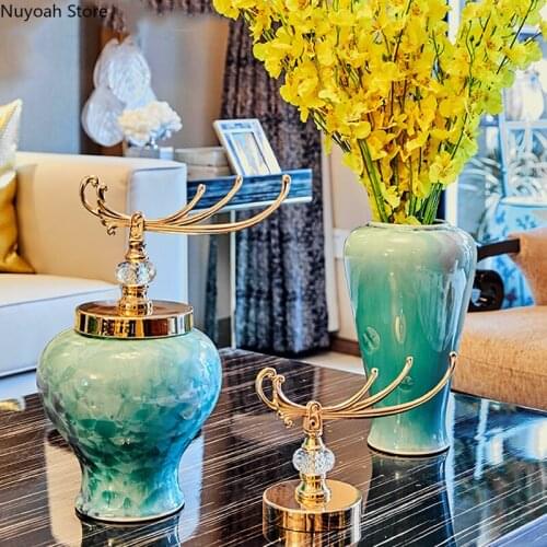 European Style Light Luxury Marble Ceramic Storage Jar Vase Decoration Living Room Decoration Jar Home Flower Arranging Device
