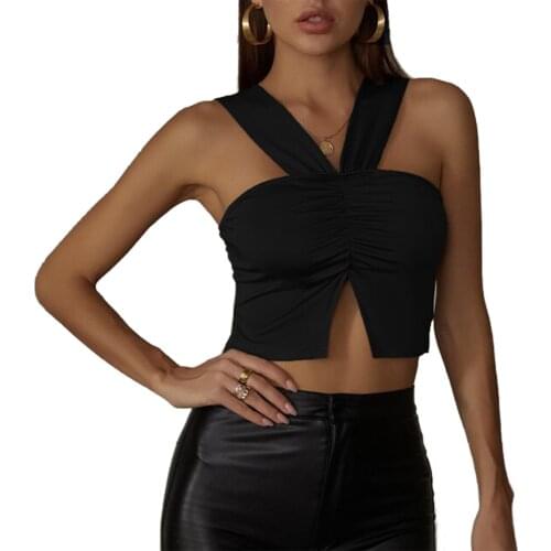 Summer Womens Fashion Solid Color Vest Sexy Pleated Irregular Split Exposed Navel Sleeveless Camisole