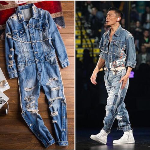 Nuevo europeo y americano retro de moda denim Hombre hip hop agujero tendencia casual Male hole jacket suit mens denim overalls
