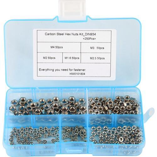 250 Pcs/Set M1.6 M2 M2.5 M3 M4 Carbon Steel Hex Nut Assortment Kit Hexagon Nuts Metric Thread Assortment Kit
