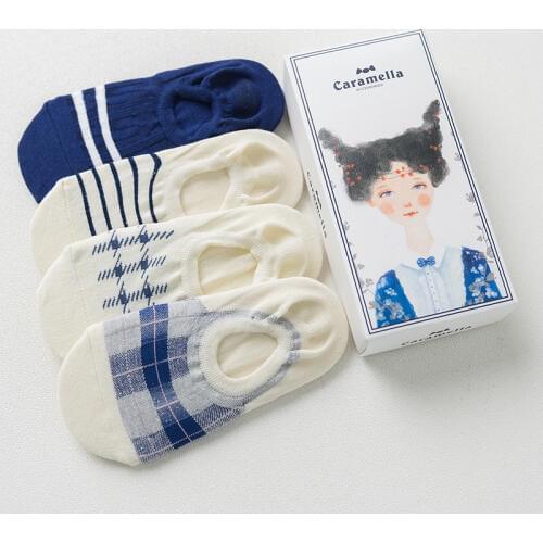 Caramella 4Pairs/Lot Cotton Women Socks Navy White Plaid High Stretch Girl Ankle Socks Spring Summer Thin Invisible Socks 34-39