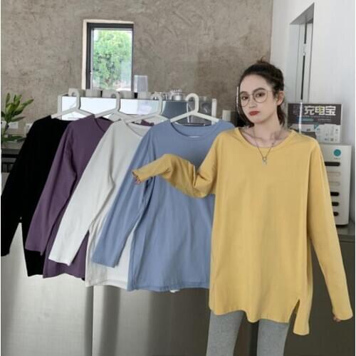 New 2021 Women Spring Autumn T-shirt Bottoming white Fashionable Wild Ladies Oversize Split Tops Loose Casual Female Tops CL871