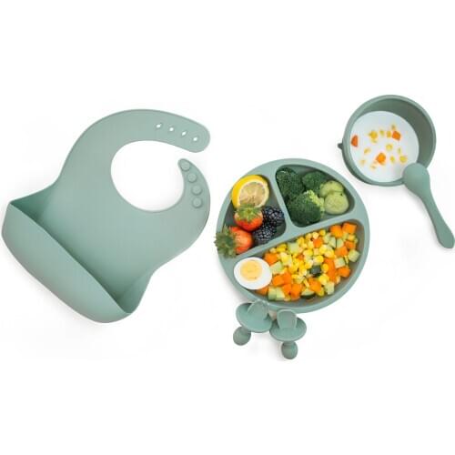Solid Divided Baby Dinner Plates Tableware Silicone Suction Bowl Spoon Set