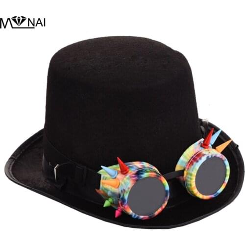 Steampunk Dazzling Colorful Goggles Black Hat Vintage Spikes Glasses Hat Steam Punk Gothic Top Hats Fedora Accessories