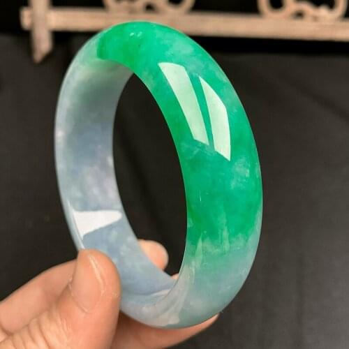 Send Certificate Pure Myanmar Jade A Grade 53mm-62mm Green Two-color Bracelet Elegant Bracelet Send Mom and Girlfriend
