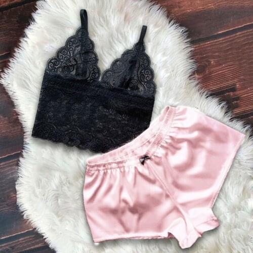 2pcs New Womens Pajamas Lace Sexy Deep V Lingerie Pyjamas Silk Womens Underwear Sleepwear Tops Shorts Pajama Sets Satin Pijama
