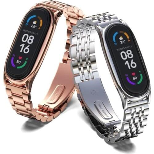 6 Colors Stainless Steel Strap For Xiaomi Mi Band 6/5/4/3 Metal 7 Beads or Plus Double Button Butterfly Clasp Miband Wristbands